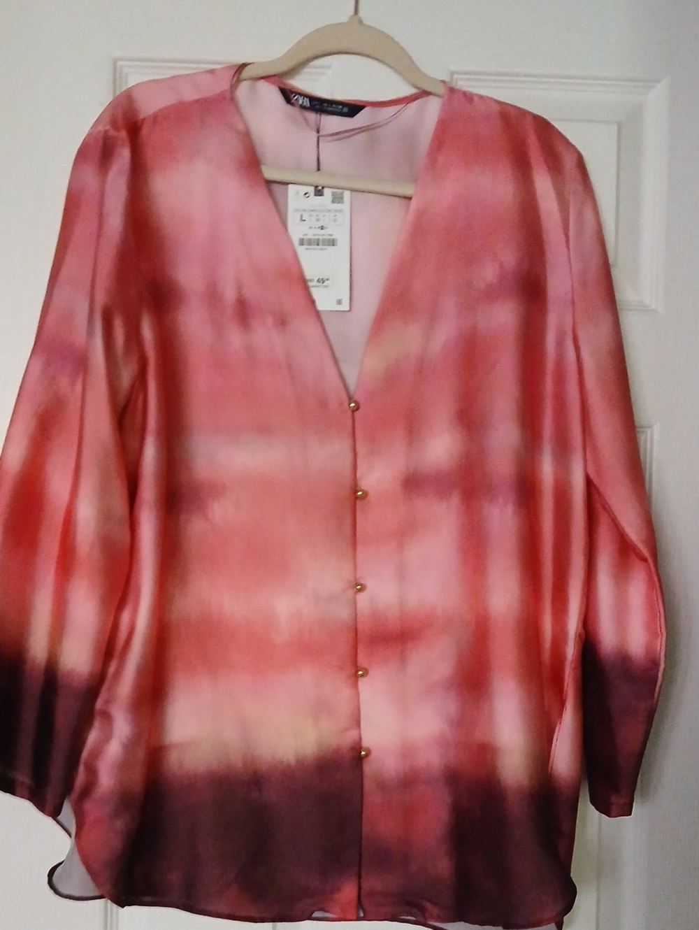 Zara Coral Pink Tie-Dye Button Down Blouse with Gold Buttons